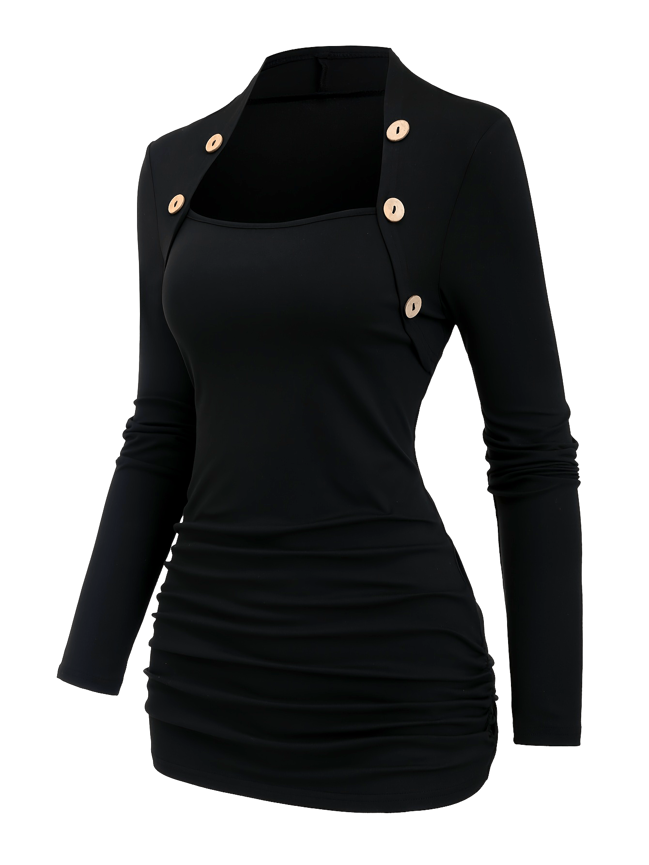 Button Decor Plain Color T-shirt, Versatile Long Sleeve Top For Spring & Fall, Women's Clothing